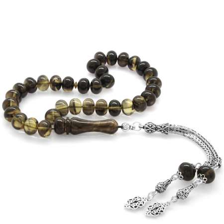 925 Ayar Gümüş Püsküllü Tekerlek Kesim Süzme Siyah Beyaz Ateş Kehribar Tesbih - Tesbihane