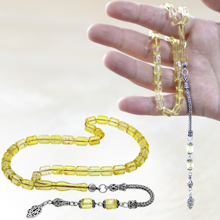 925 Ayar Gümüş Püsküllü Tombul Kapsül Kesim Ihlamur Sarı Doğal Damla Kehribar Tesbih - Tesbihane