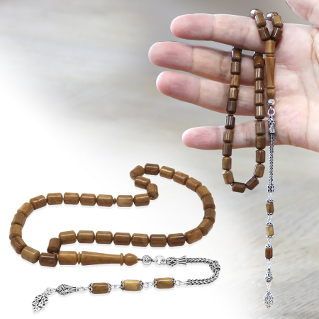 925 Ayar Gümüş Püsküllü Uçlu Kapsül Kesim Kahverengi Kuka Tesbih - Tesbihane