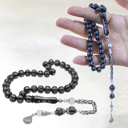 925 Ayar Gümüş Kral Püsküllü Yoğun Gümüş Firuze İşlemeli Erzurum Oltu Taşı Tesbih - Tesbihane