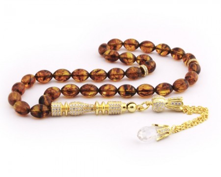 925 Ayar Gümüş Püsküllü Zirkon Taş İşlemeli Pres Damla Kehribar Tesbih - Tesbihane