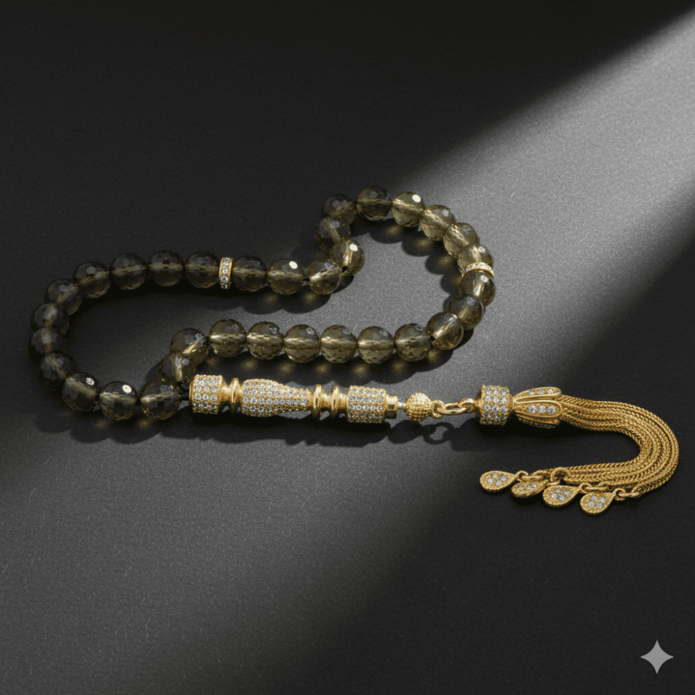 925 Ayar Gümüş Püsküllü Zirkon Taş İşlemeli Zultanit Tesbih - 1