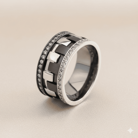 Damalı Tasarım Zirkon Taşlı Gri Beyaz 925 Ayar Gümüş Bayan Alyans - Tesbihane