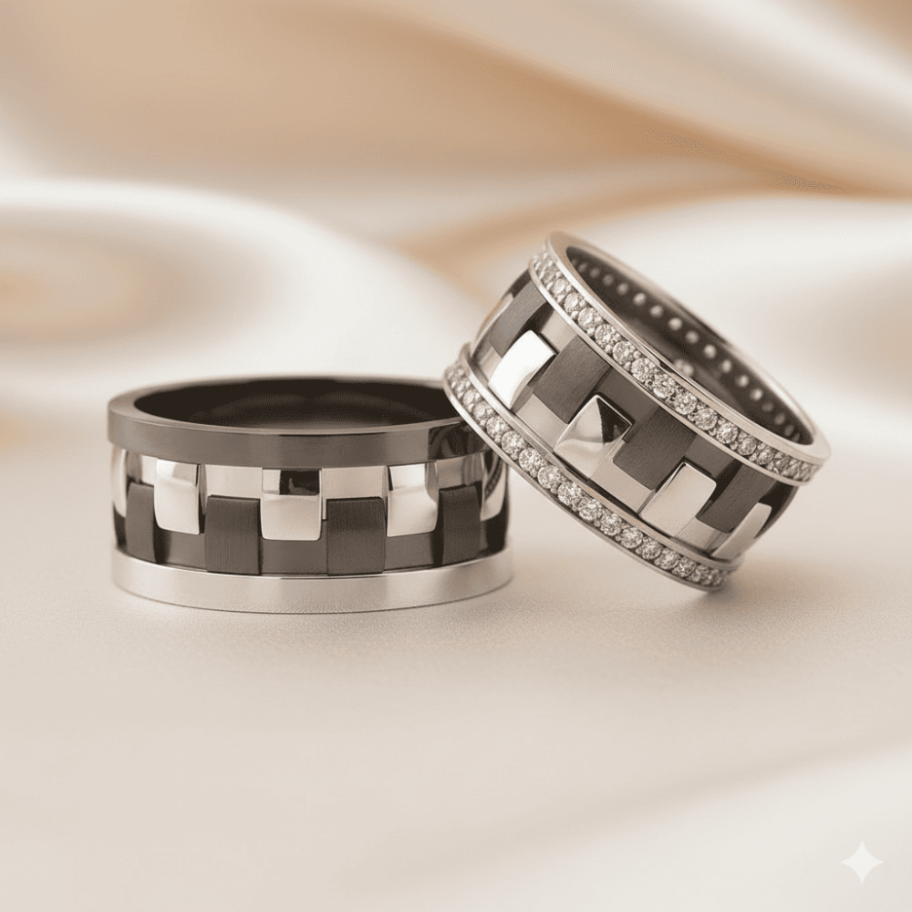 Damalı Tasarım Gri Siyah Renk 925 Ayar Gümüş Çift Alyans - 1