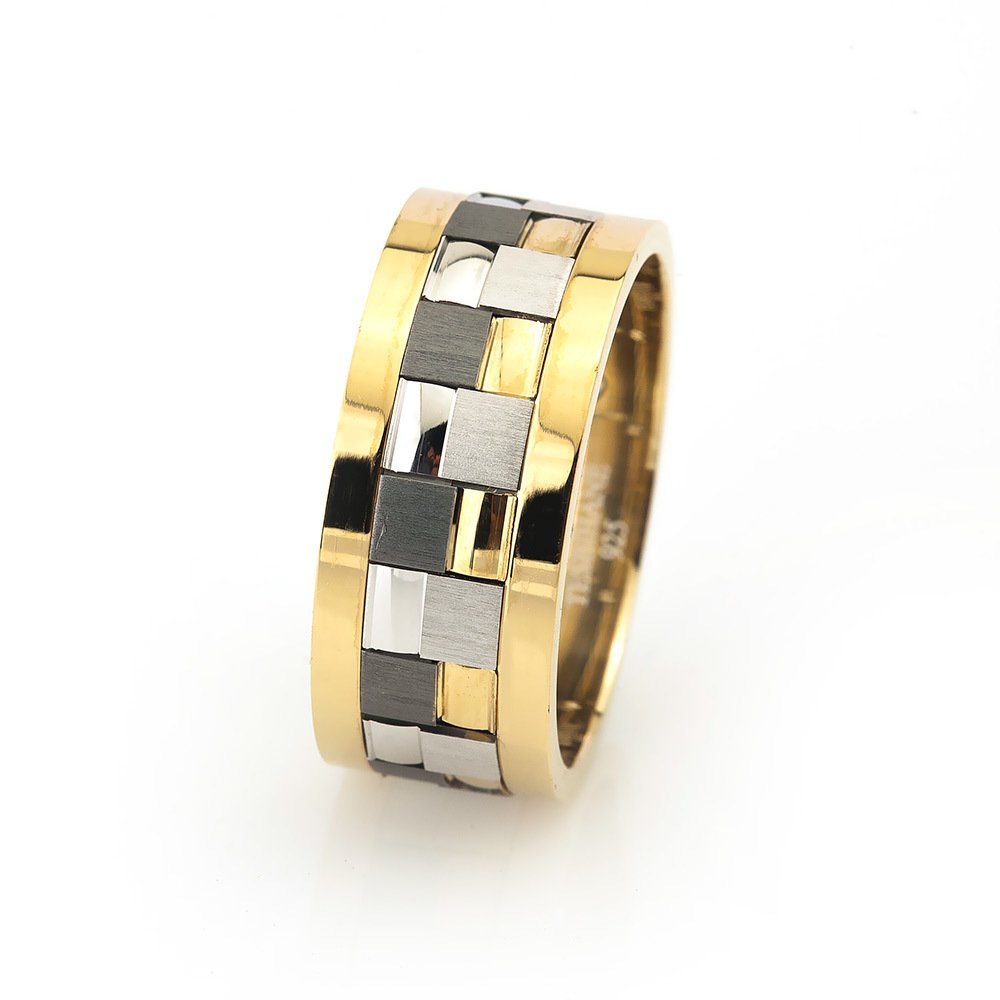 Modern Kare Tasarım Gri-Gold Renk 925 Ayar Gümüş Erkek Alyans - 1