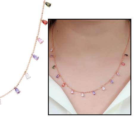 Karışık Renk Zirkon Damlataşlı 925 Ayar Gümüş Bayan Kolye - Tesbihane