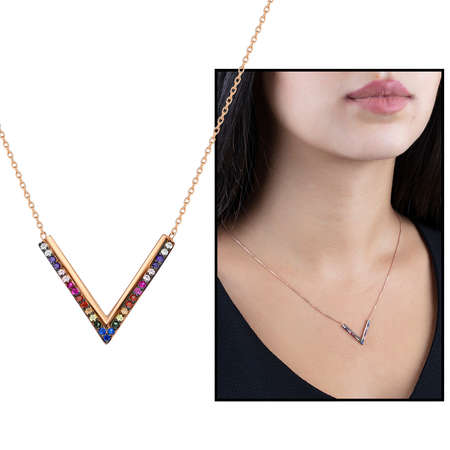 Renkli Zirkon Taşlı V Tasarım 925 Ayar Gümüş Bayan Kolye - Tesbihane