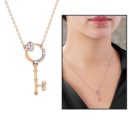 925 Ayar Gümüş Rose Kaplama Zirkon Taşlı Anahtar Tasarım Kolye - Tesbihane