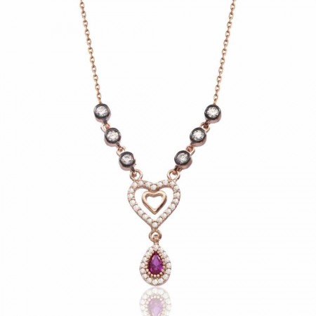 925 Ayar Gümüş Rose Kaplı Kalp İçinde Kalp Kolye - Tesbihane