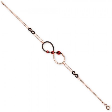 925 Ayar Gümüş Roze Kaplamalı Üç Uğur Böcekli Sonsuzluk Bileklik - Tesbihane