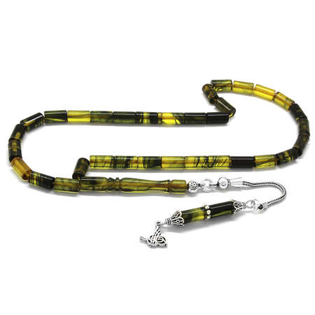 925 Ayar Gümüş Sarı Siyah Hareli Kesme Model Sıkma Kehribar Tesbih - Tesbihane