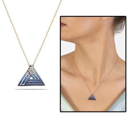 Mavi Zirkon Taşlı Sarmal Üçgen Tasarım 925 Ayar Gümüş Bayan Kolye - Tesbihane