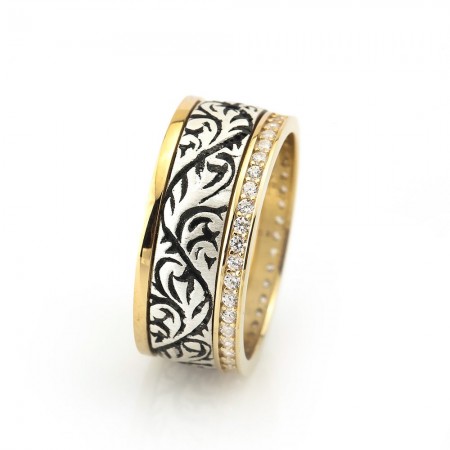 Sarmaşık Desen İşlemeli Zirkon Taşlı Gold Renk 925 Ayar Gümüş Bayan Alyans - Tesbihane