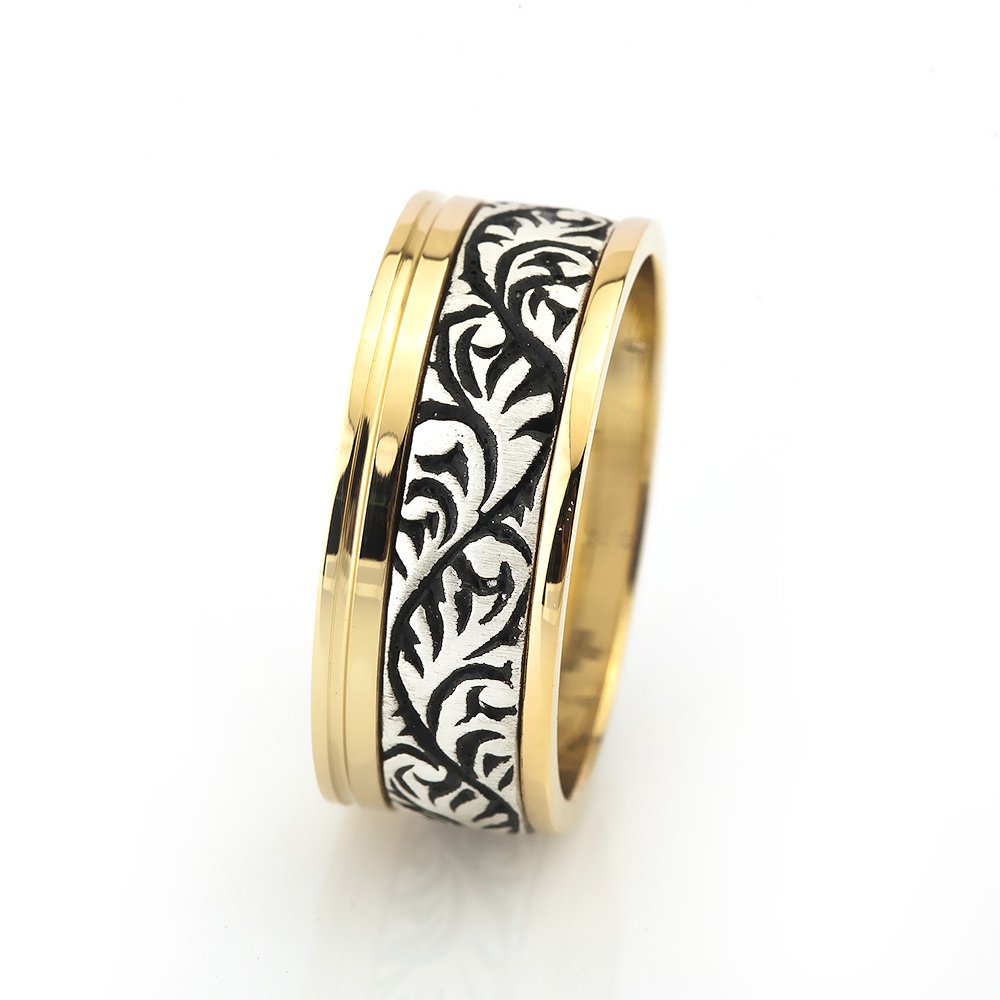 Sarmaşık Desen İşlemeli Gold Renk 925 Ayar Gümüş Erkek Alyans - 1