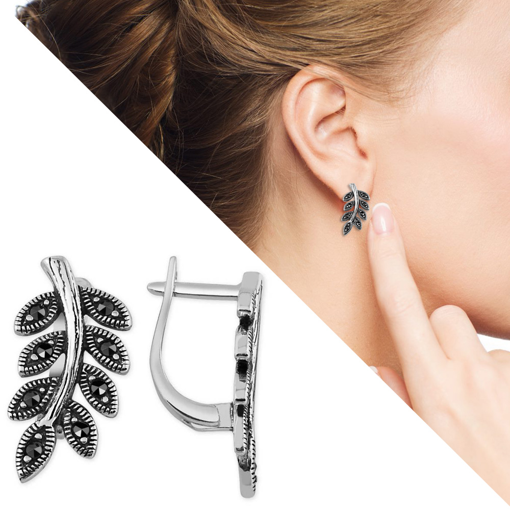 Siyah Zirkon Taşlı Sarmaşık Tasarım 925 Ayar Gümüş Küpe - 1