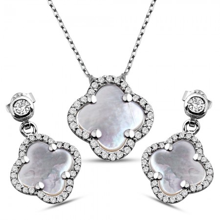 925 Ayar Gümüş Sedef Taşlı  Çiçek Model Set - Tesbihane