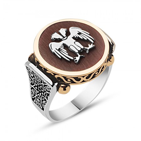 925 Ayar Gümüş Selçuklu Kartalı Abanoz Yüzük - Tesbihane