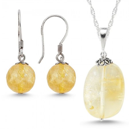 925 Ayar Gümüş Sitrin Doğaltaş Kolye ve Küpe Kombini - Tesbihane