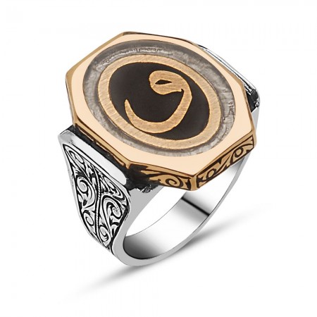 925 Ayar Gümüş Siyah Beyaz Mineli Vav Model Yüzük - Tesbihane