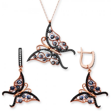 925 Ayar Gümüş Siyah Mavi Gözlü Kelebek Set (SRD0268) - Tesbihane