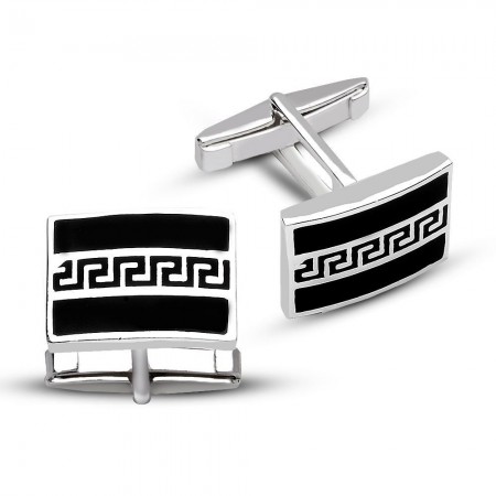 925 Ayar Gümüş Siyah Mine Üzerine Labirent Tasarım Kol Düğmesi - Tesbihane