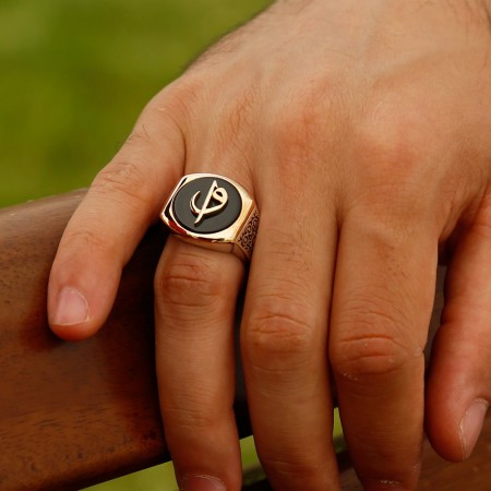 925 Ayar Gümüş Siyah Oniks Üzerine Elifvav Model Yüzük - Tesbihane