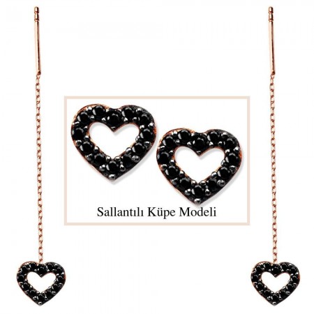 925 Ayar Gümüş Siyah Zirkon Taşlı Açık Kalp Model Japon Sallantılı Küpe (SRD00186) - Tesbihane