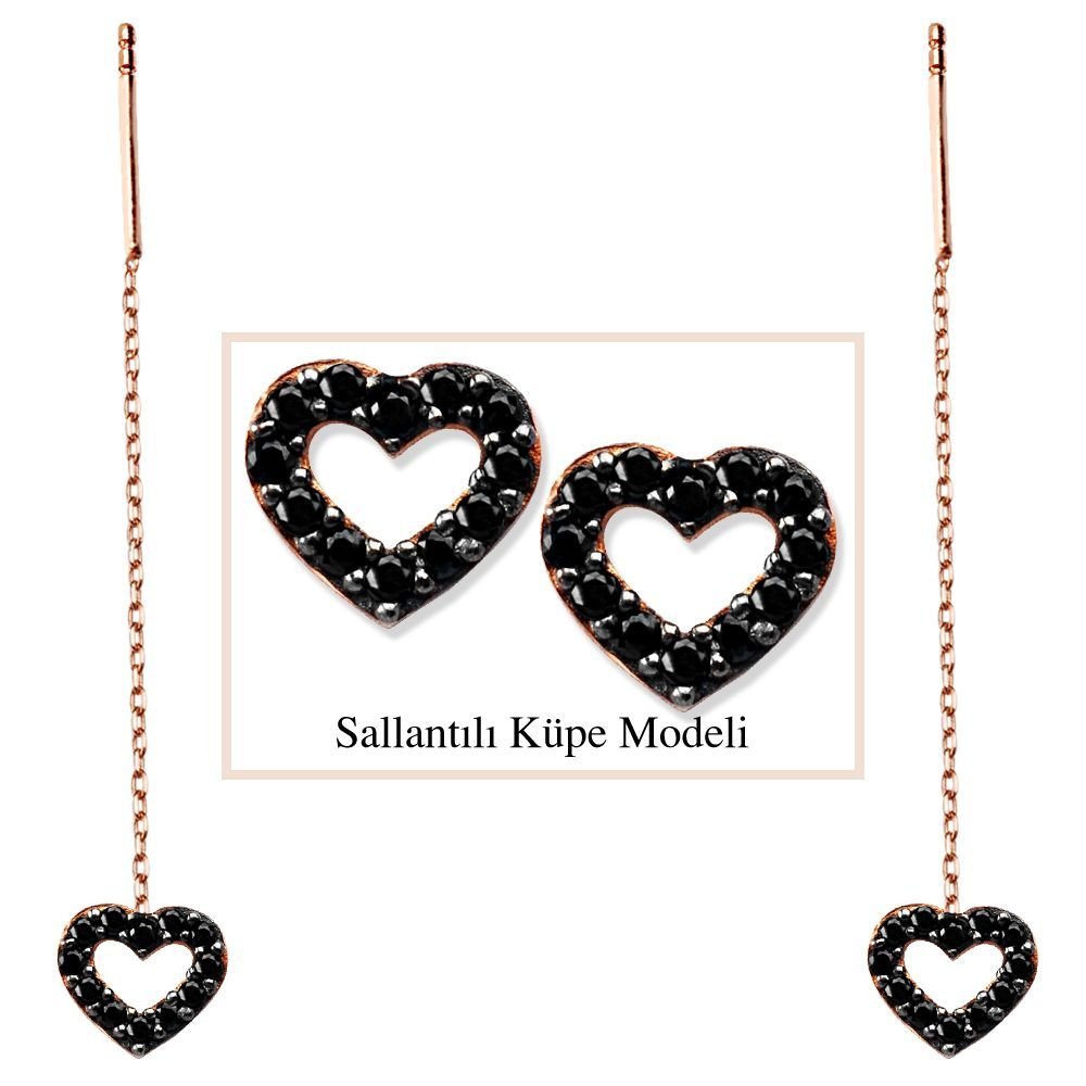 925 Ayar Gümüş Siyah Zirkon Taşlı Açık Kalp Model Japon Sallantılı Küpe (SRD00186) - 1