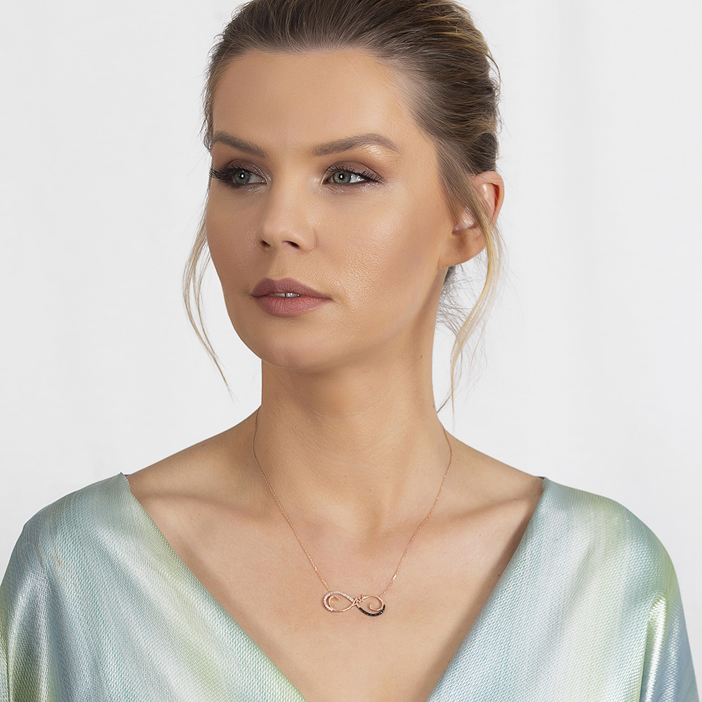 Zirkon Taşlı Rose Renk Aşk Yazılı Sonsuzluk 925 Ayar Gümüş Bayan Kolye - 3