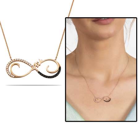 Zirkon Taşlı Rose Renk Aşk Yazılı Sonsuzluk 925 Ayar Gümüş Bayan Kolye - STOKYOK