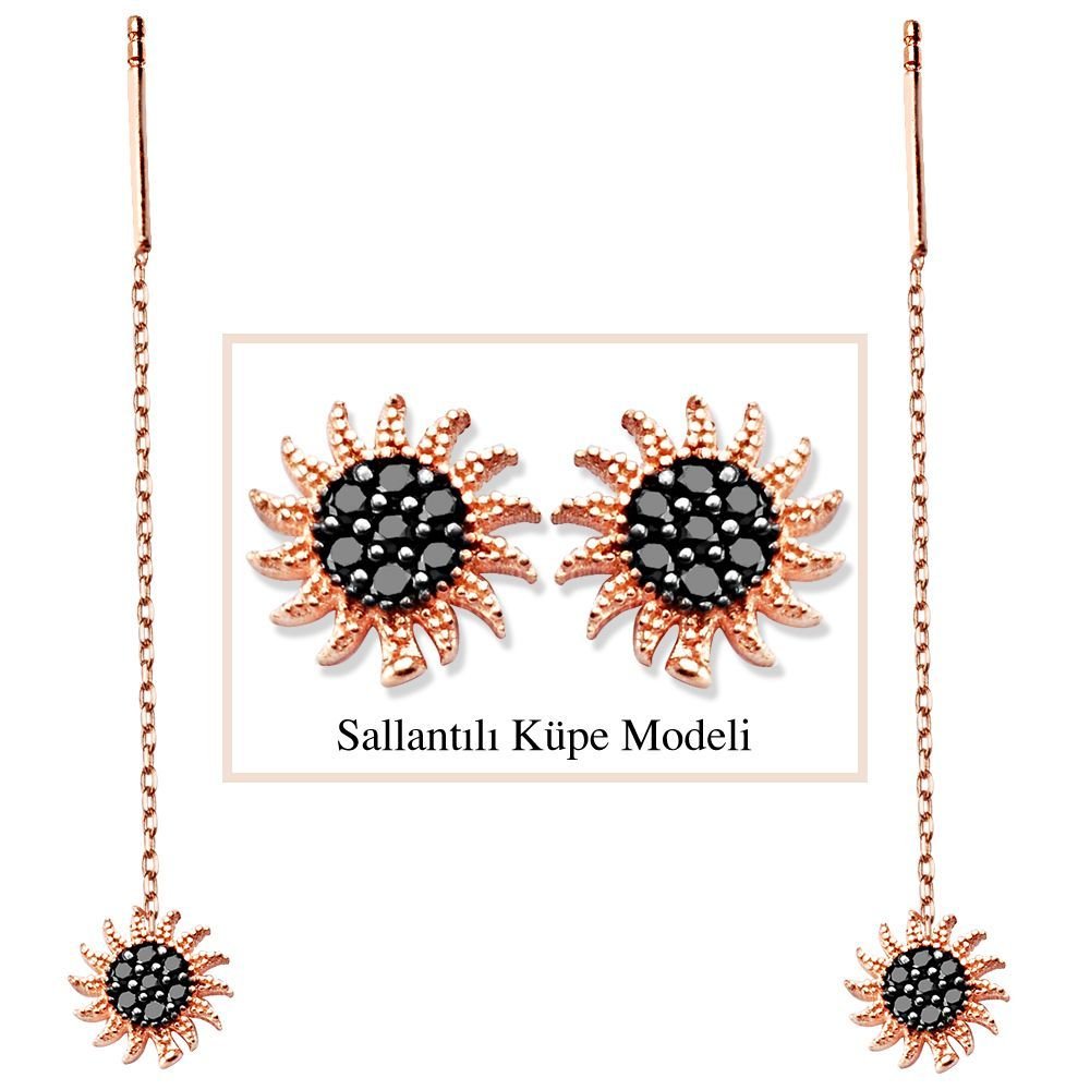 925 Ayar Gümüş Siyah Zirkon Taşlı Güneş Model Japon Sallantılı Küpe (SRD00180) - 1