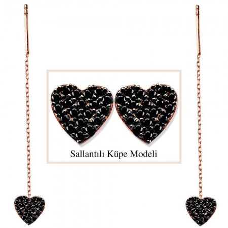 925 Ayar Gümüş Siyah Zirkon Taşlı Kalp Model Japon Sallantılı Küpe - Tesbihane