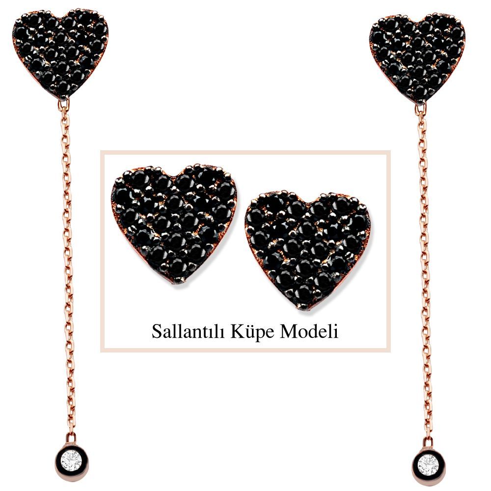 925 Ayar Gümüş Siyah Zirkon Taşlı Kalp Model Japon Sallantılı Küpe (SRD00205) - 1