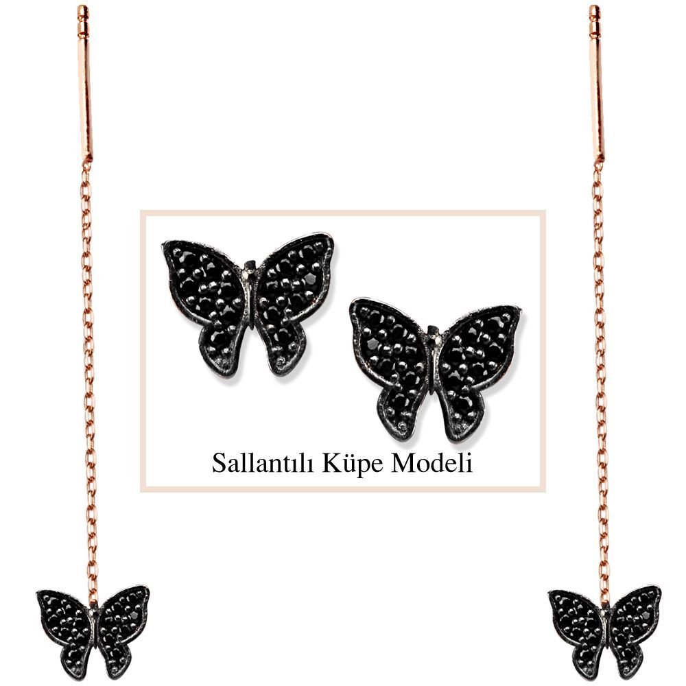 925 Ayar Gümüş Siyah Zirkon Taşlı Kelebek Model Japon Sallantılı Küpe (SRD00181) - 1