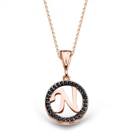 925 Ayar Gümüş Siyah Zirkon Taşlı N Harfi Kolye - Tesbihane