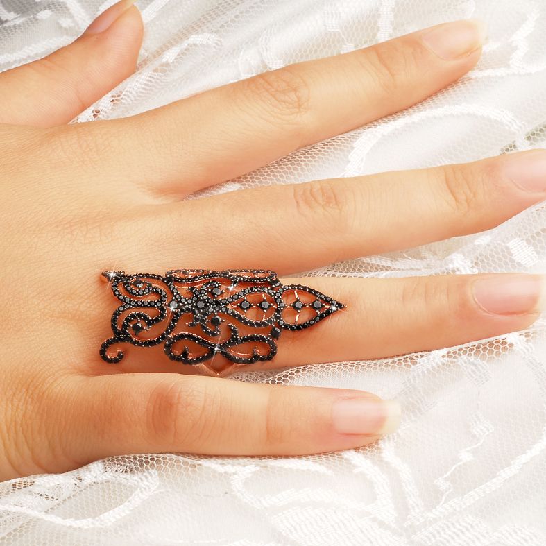 925 Ayar Gümüş Siyah Zirkon Taşlı Özel Motif Yüzük (M-2) - 1