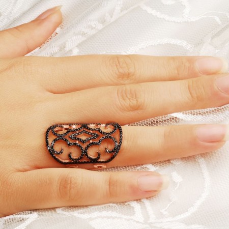 925 Ayar Gümüş Siyah Zirkon Taşlı Özel Tasarım Yüzük - Tesbihane