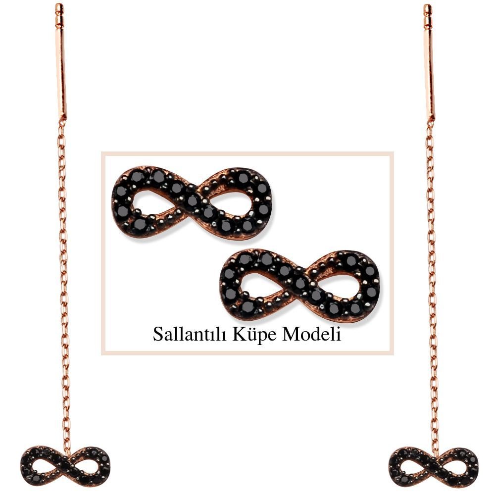 925 Ayar Gümüş Siyah Zirkon Taşlı Sonsuzluk Model Japon Sallantılı Küpe (SRD00185) - 1