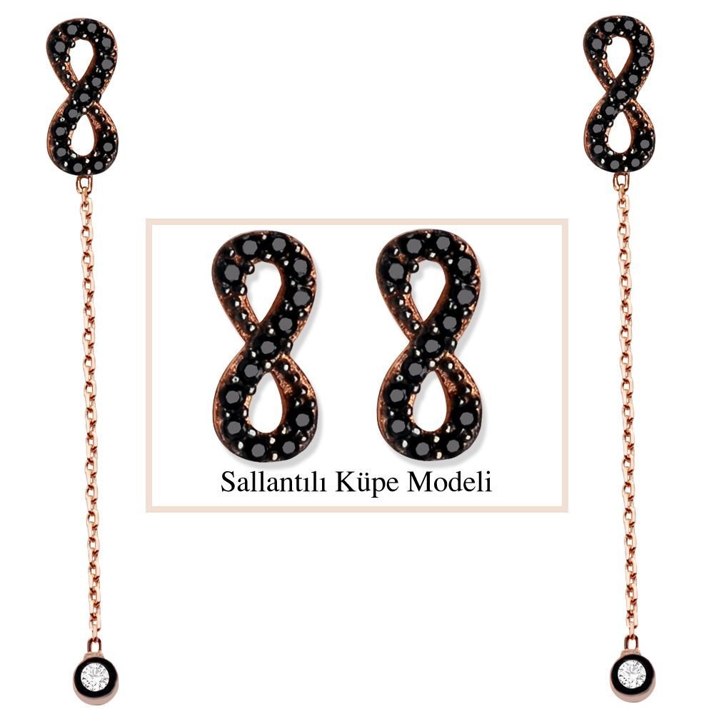 925 Ayar Gümüş Siyah Zirkon Taşlı Sonsuzluk  Model Japon Sallantılı Küpe (SRD00209) - 1