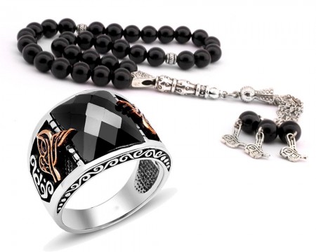 Tuğra Motifli Zirkon Taşlı 925 Ayar Gümüş Yüzük ve Oniks Tesbih Kombini - Tesbihane