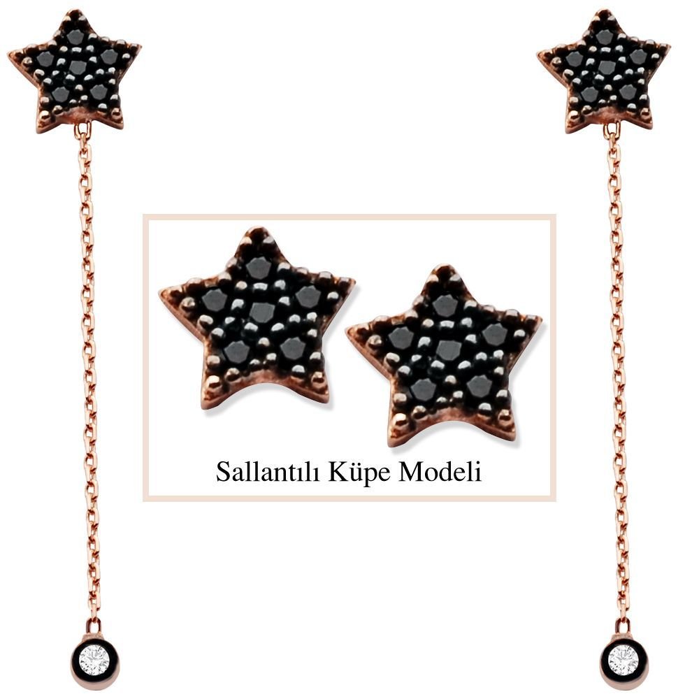 925 Ayar Gümüş Siyah Zirkon Taşlı Yıldız Model Japon Sallantılı Küpe (SRD00203) - 1