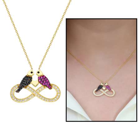 Zirkon Taşlı Sonsuzluk Çift Kumru Tasarım 925 Ayar Gümüş Bayan Kolye - Tesbihane