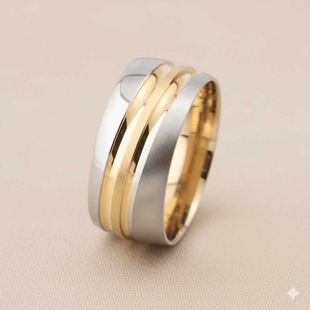 Çiftli Su Yolu Tasarım Gri Gold Renk 925 Ayar Gümüş Erkek Alyans - 1