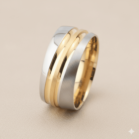 Çiftli Su Yolu Tasarım Gri Gold Renk 925 Ayar Gümüş Erkek Alyans - Tesbihane