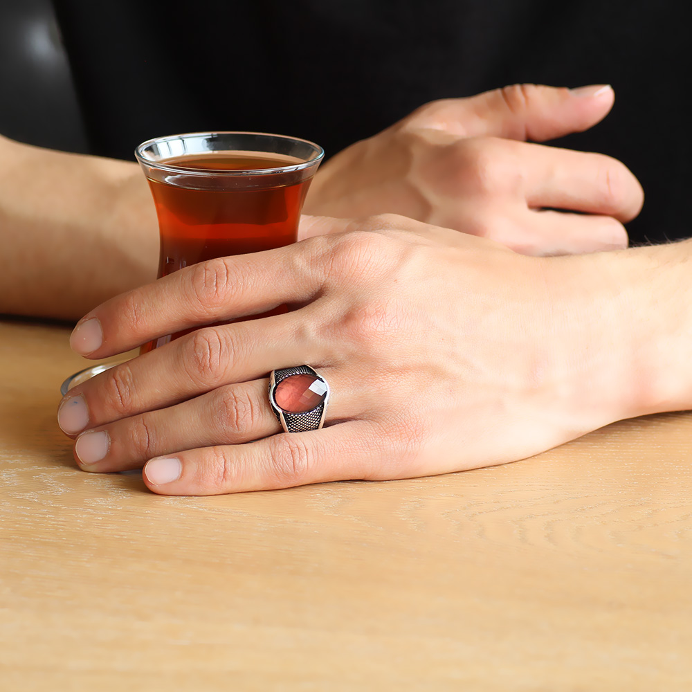 Kutu Hediyeli Nokta İşlemeli Sultanit Taşlı 925 Ayar Gümüş Erkek Yüzük - 2