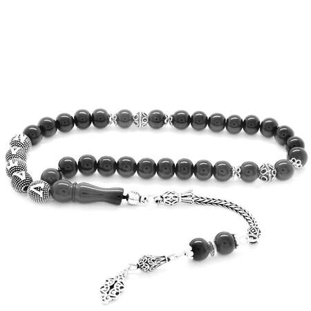 925 Ayar Gümüş Püsküllü Küre Kesim İsim Yazılı Rus Oltu Tesbih - Tesbihane