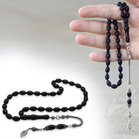 925 Ayar Gümüş Püsküllü Arpa Kesim Siyah Sıkma Kehribar Tesbih - Tesbihane