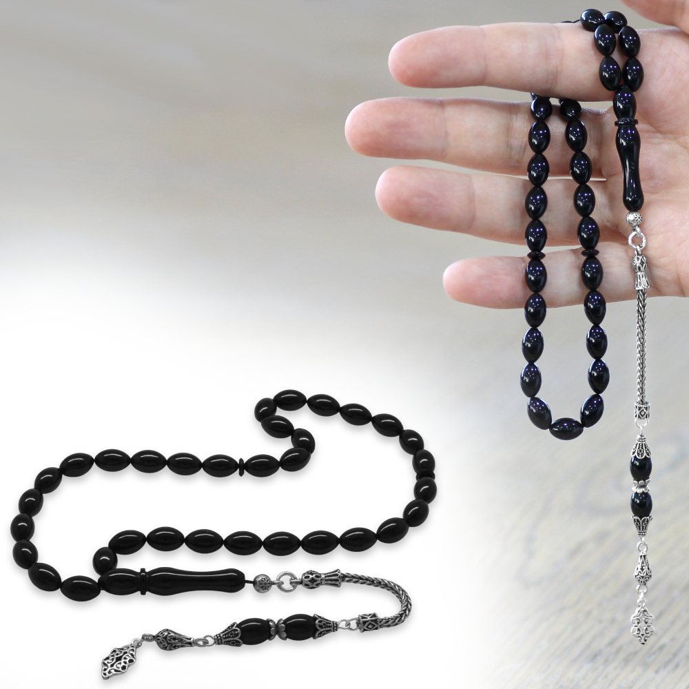 925 Ayar Gümüş Püsküllü Arpa Kesim Siyah Sıkma Kehribar Tesbih - 1