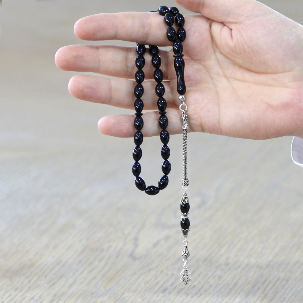 925 Ayar Gümüş Püsküllü Arpa Kesim Siyah Sıkma Kehribar Tesbih - 2