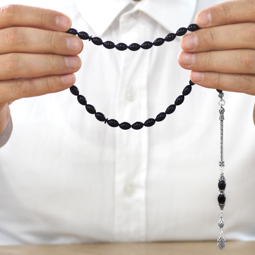 925 Ayar Gümüş Püsküllü Arpa Kesim Siyah Sıkma Kehribar Tesbih - 3